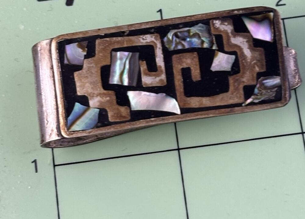 Vtg Alpaca Mexico Money Clip Mens Accessory Abalone Shell Onyx Inlay
